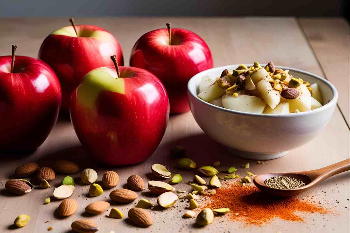 mele, mela a fette, frutta secca e paprika