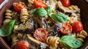 pasta con la crema di melanzane e pomodorini