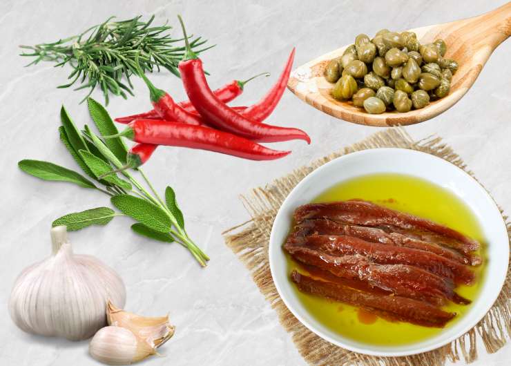 capperi sotto sale salvia aglio rosmarino acciughe sott’olio peperoncino piccante